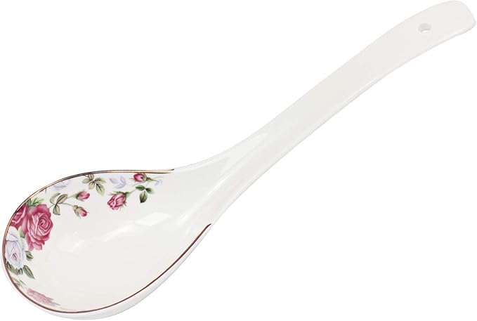 Big Porcelain Spoon Bone china Large Porridge Spoons White Ceramic Flatware Soup Spoons Long Handled Flower Pattern Scoop(Flower Pattern)