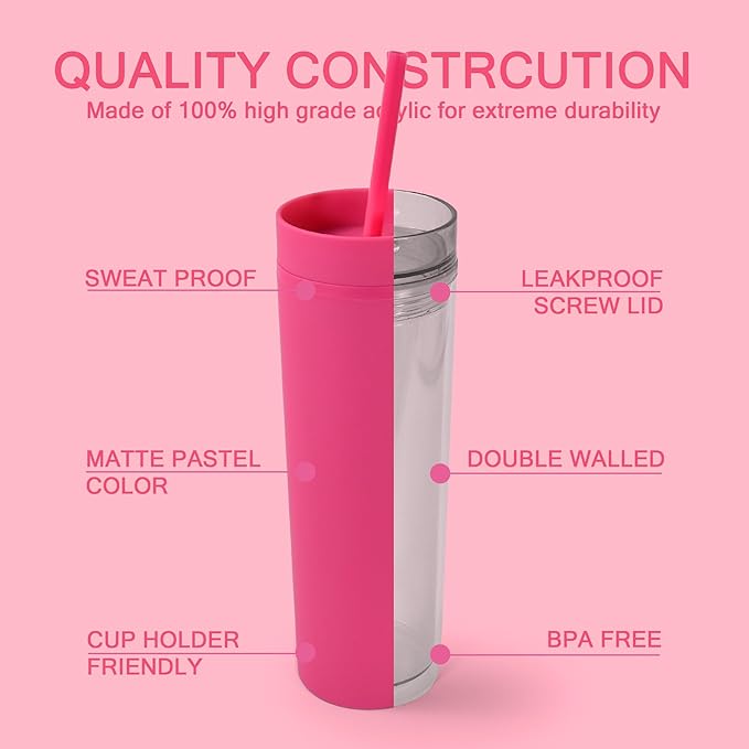 sweet grain Skinny Tumblers with Lids and Straws(6 Pack) - 16oz Matte Pastel Colored Skinny Acrylic Tumblers, Double Wall Plastic Tall Skinny Tumblers Bulk for Cold Hot Drinks - Rose Red