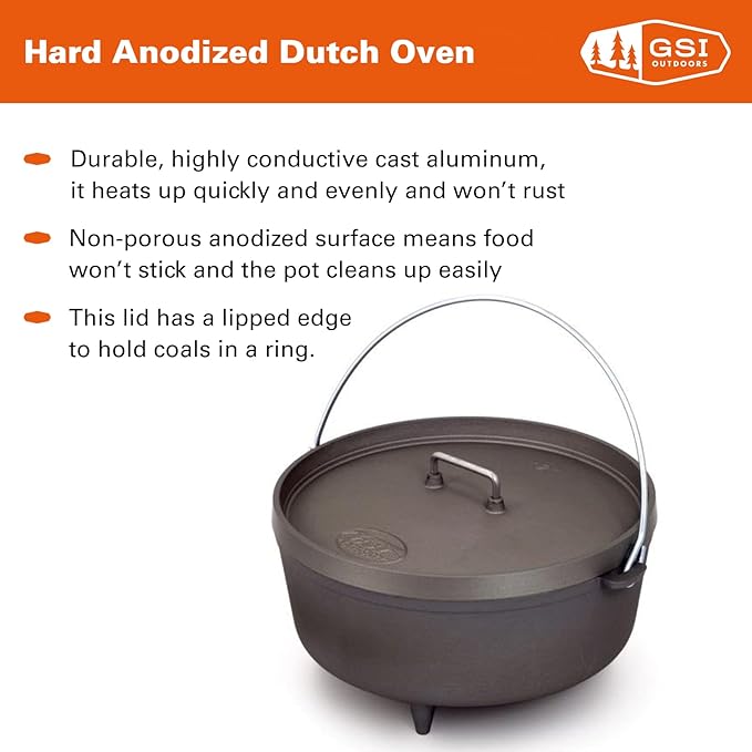 GSI Outdoors 14-Inch Hard Anodized Dutch Oven | Heavy-Duty, Non-Reactive, Rust-Free | Perfect for Open Fire, Camp Coals, Home Oven Use | Dutch Oven for Sourdough Bread, Stews, Soups and More