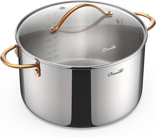 8 Quart Stock Pot with Lid, Upgraded Tri-Ply Stainless Steel Pot, Seamless Soup Pot with Stay-Cool Brass Handle, Healthy Polished Stockpots, Induction Cookware, Oven and Dishwasher Safe