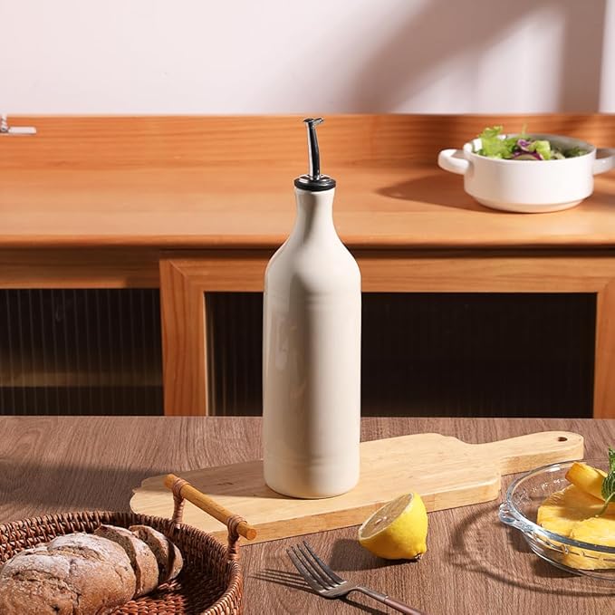Sweejar Large Ceramic Olive Oil Dispenser Bottle, Opaque Oil Cruet Protects to Reduce Oxidation, Suitable for Storage Vinegar, Soy Sauce & Other Liquids, Pack of 1, 24 Fl Oz(Beige)