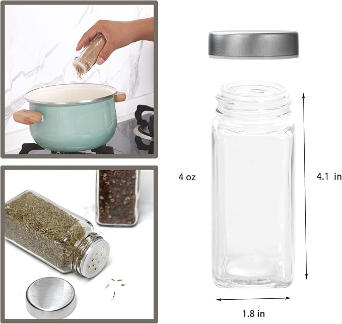 2pcs Spice Jars, 4 oz Glass Seasoning Bottles, Spices Container, Empty Spice Jars, Square Spice Bottles with Airtight Stainless Steel Caps with Shaker Lid
