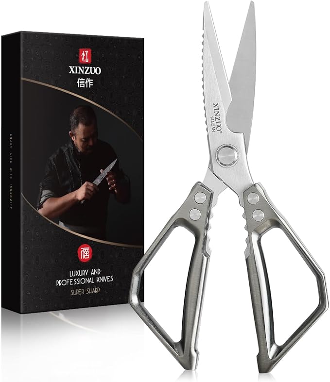 XINZUO Sandvik 14C28N Stainless Steel Multi-Purpose Kitchen Shear,Heavy Duty Kitchen Food Scissors For (Meat/Herbs/Poultry),With Silver Aluminum Alloy Handle