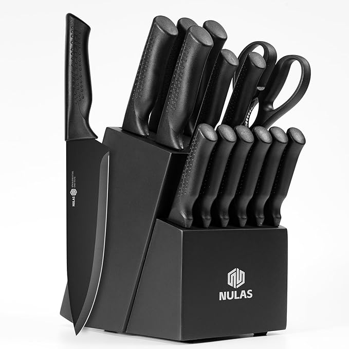Knife Set, 15-Piece Kitchen Knife Set with Block and Built-in Sharpener, Dishwasher Safe, Non-slip Handle, 6 Steak Knives, Black