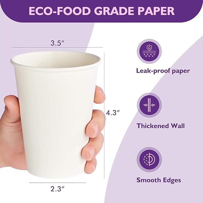 12 oz White Paper Coffee Cups, Disposable Hot Cups for Coffee, Tea, Cocoa, Beverages, 1000 Pack