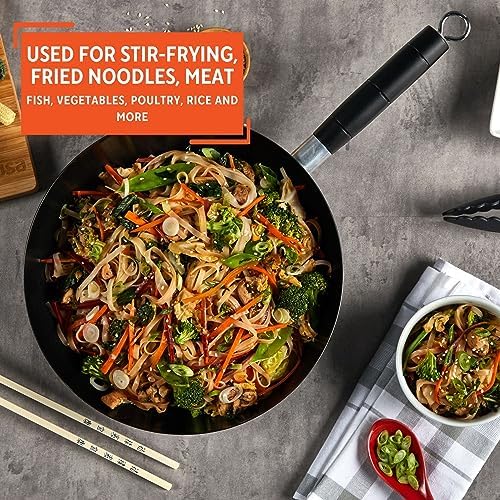 Imusa Carbon Steel Nonstick Wok 9.5 in Flat Bottom Wok_Pan for Electric Stove with Cool Touch Handle, Black Coating, Lightweight Steel Wok for Stir Fry and Fried Rice (Pack of 6)