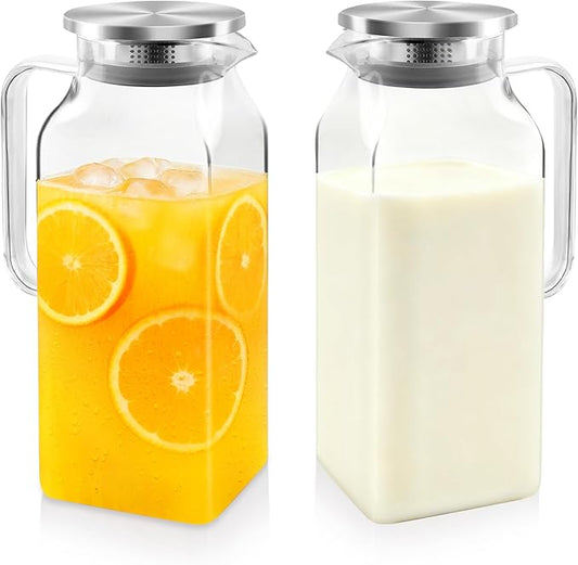 40.5 oz Square Glass Pitcher with Lid and Spout, Lightweight Water Pitchers for Hot/Cold Drink, Borosilicate Jugs, Heat Resistant, Glass Carafe with Handle,Ideal for Fridge Storage(2Pack)