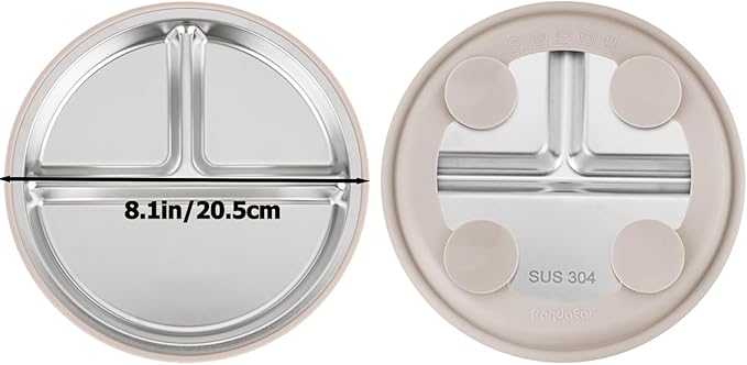 PandaEar 3 Pack Stainless Steel Baby Suction Plates, Divided Toddler Plate for Baby Led Weaning Supplies, Non-Slip Toddler Baby Feeding Set Dishwasher Safe (Linen/Brown/Tan)