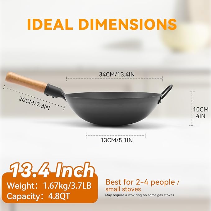 WANGYUANJI 13.4" Carbon Steel Wok - Round Bottom (Fits Wok Burner OR Flat Gas Stove with Ring) - Nitriding Iron Pow Wok (No Coating, Heavy Duty & Durable)