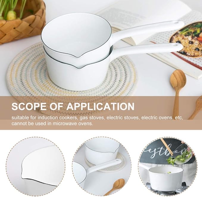1.2L Saucepan, Enamel Milk Pan, Butter Warmer, Milk Pot, Easy to Cook and Clean, Non-Stick Milk Boiling Pot with Handle for Home Kitchen Restaurant(White)