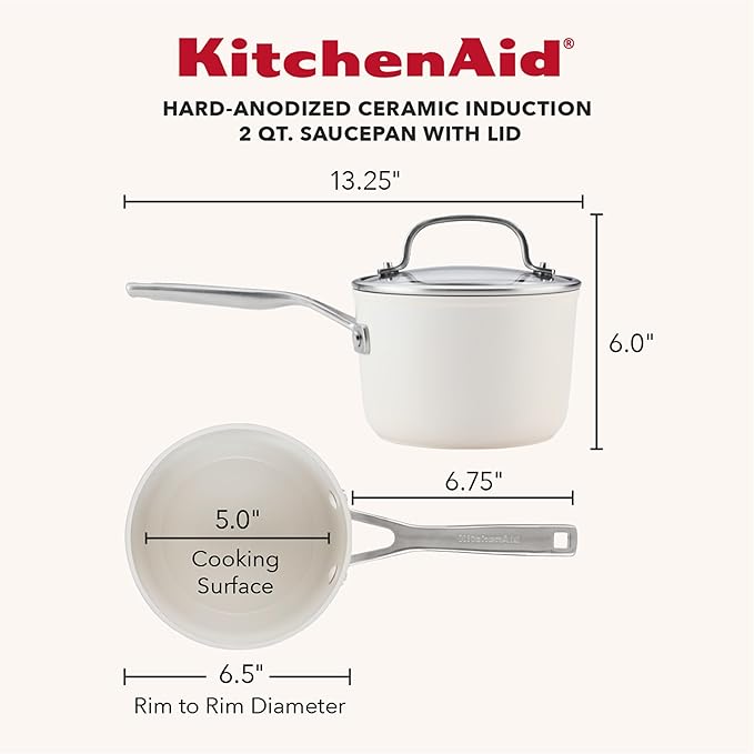 KitchenAid Hard Anodized Ceramic Induction Nonstick Cookware Saucepan with Lid, Dishwasher Safe, 2 Quart Non Stick Sauce Pan with Stainless Steel Handle - Porcelain White