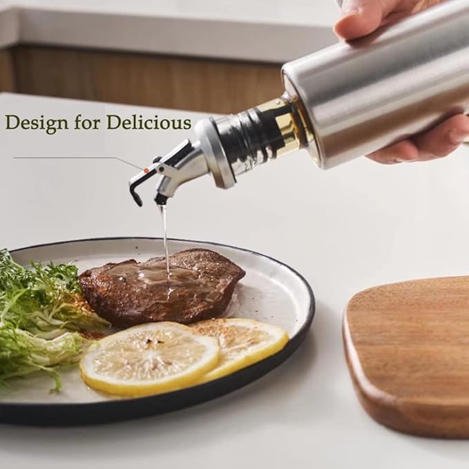 Olive Oil Dispenser - 7oz (200ml) Glass & Stainless Steel Oil & Vinegar Cruet with No-drip Spout & Pouring Funnel