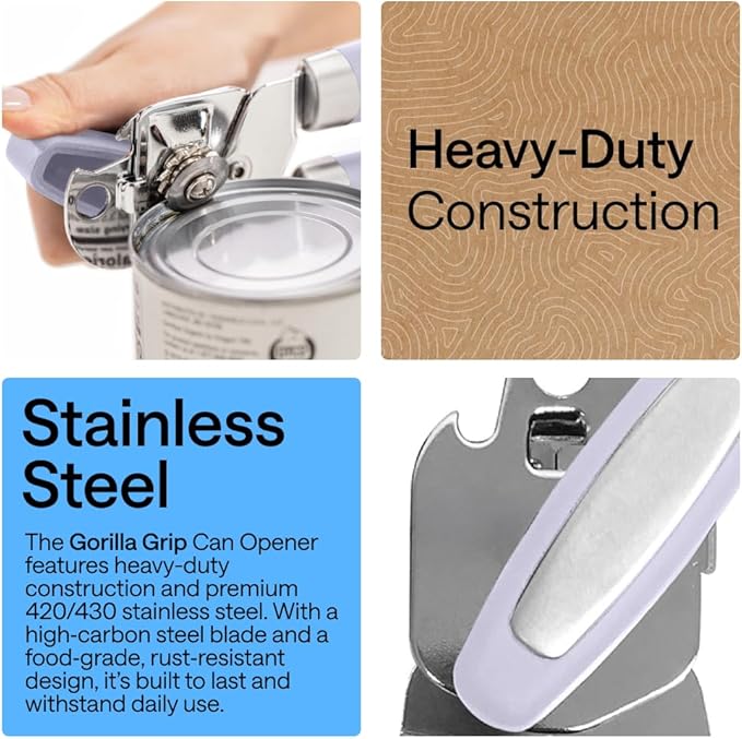 GORILLA GRIP Heavy Duty Stainless Steel Smooth Edge Manual Can Opener and Bottle Openers, Soft Comfortable Handle, Oversized Handheld Turn Knob, US Designed Multifunctional Kitchen Tool, Lavender