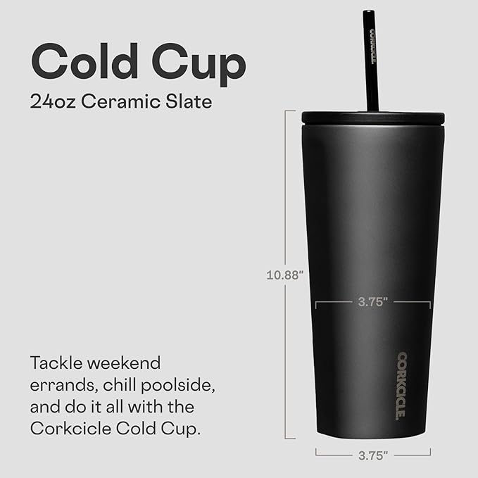 Corkcicle Cold Cup Insulated Tumbler with Straw - Keeps Drinks Cold for 12 Hours - Triple-Insulated Stainless Steel - Leak-Resistant Lid - Summer Drinkware Gift - 24 oz - Ceramic Slate