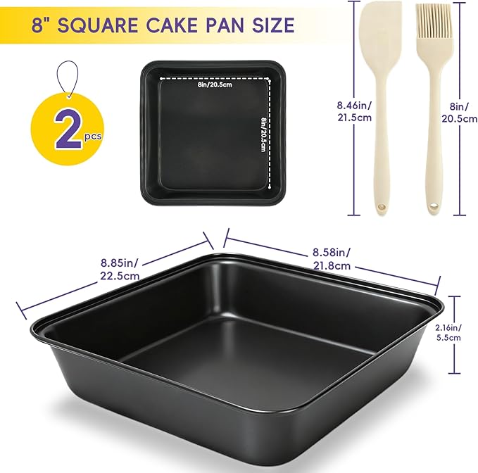 8x8 Baking Pan,Square Cake Pan,Nonstick Square Baking Pan for Making Brownies, lasagna,Rust-Resistant, Dishwasher Safe,2 PCS Heating Aluminum Bakeware with Silicone Scraper & Oil Brush