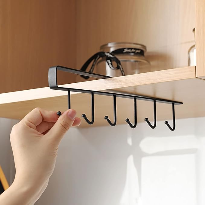 Under Cabinet Coffee Mug Holder - 6 Hooks Cups Storage Rack, Drilling Free, Kitchen Utensil Hanging Hooks Rack 2 Pack (Black 2pcs)