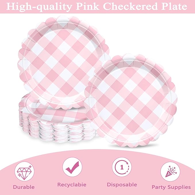 48 Pcs 7" Pink Gingham Paper Plates Light Pink & White Scalloped Checkered Party Plates, Pastel Plaid Dessert Table Supplies for BBQ Gathering Picnic Baby Shower Birthday Dinner Party Tableware