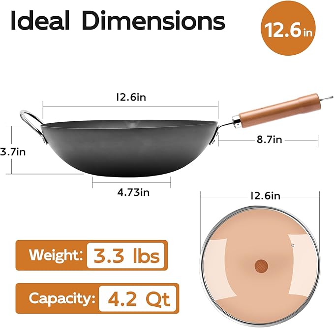 WANGYUANJI 12.6" Carbon Steel Wok with Glass Lid, Traditional Uncoated Flat Bottom Stir Fry Pan for Induction & Gas, Heavy Duty Chinese Chef Wok with Cleaning Accessories (32cm)