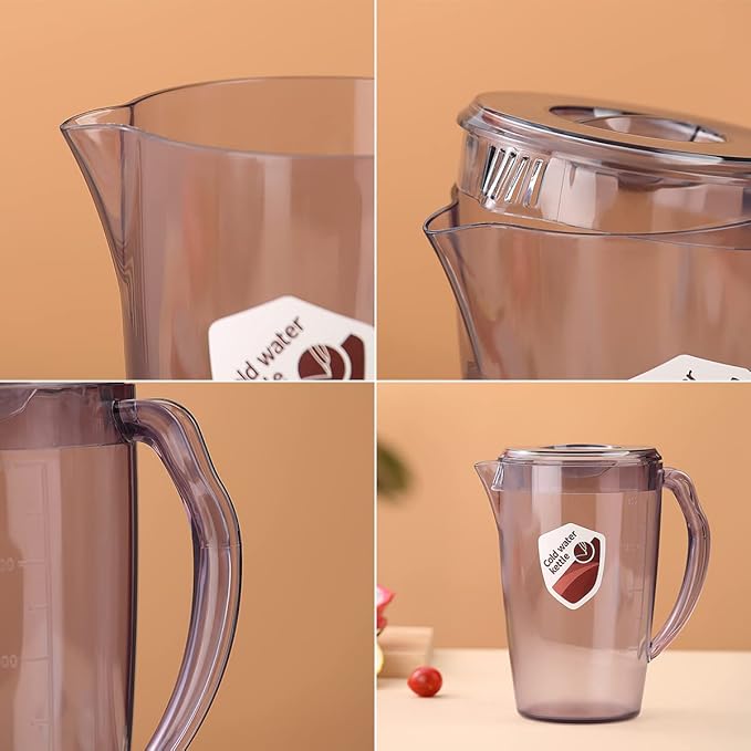 HOMQUEN Plastic Pitcher, 60 Oz/1.8L Water Carafe with Lid, Iced Tea Pitcher, Jar Pitcher, Jug with Handle for Tea, Juices, Milk, Cold or Hot Beverages (1 Pack/Gray)