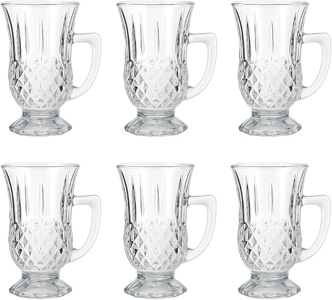 Footed Turkish Tea Glasses With Handle, Set of 12 Cups, Crystal Clear Tea and Latte Glasses, Slim Waist Design and Thick Sole Prevent the Drinks From Getting Cold, Dishwasher Safe, 5.5 oz