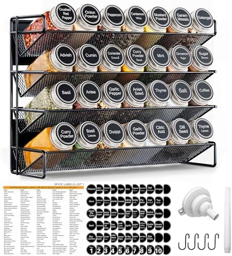 UVIAHOMI Spice Rack Organizer for Cabinet with 28 Spice Jars, 386 Spice Labels, Magnetic Spice Rack for Refrigerator, Seasoning Organizer for Countertop, Kitchen, Pantry, 13.2" W x 9.8" H, Black
