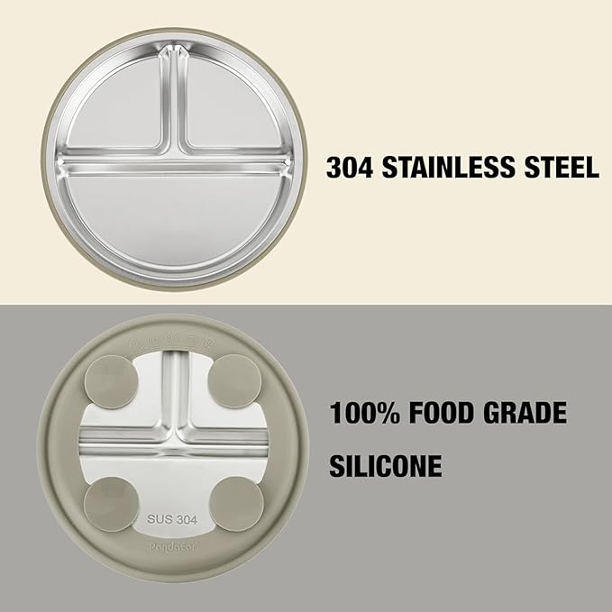 PandaEar 3 Pack Stainless Steel Baby Suction Plates, Divided Toddler Plate for Baby Led Weaning Supplies, Non-Slip Toddler Baby Feeding Set Dishwasher Safe (Linen/Brown/Tan)