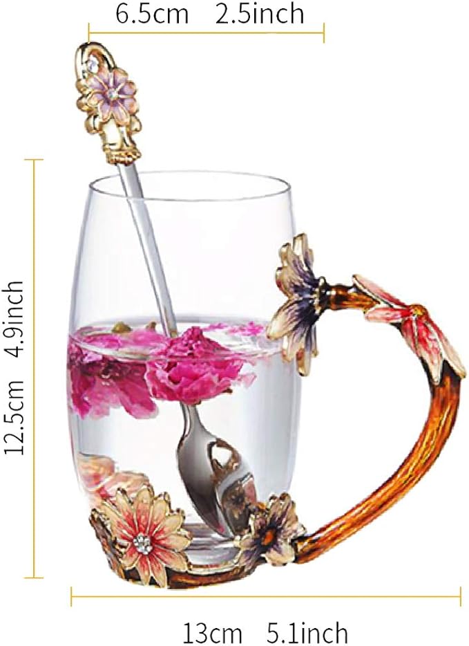 Daisy Flower Tea Cup,Handmade Glass Enamel Coffee Mugs with Delicate Spoon,Birthday Gift for Wife,Mum,Girlfriend,Teacher