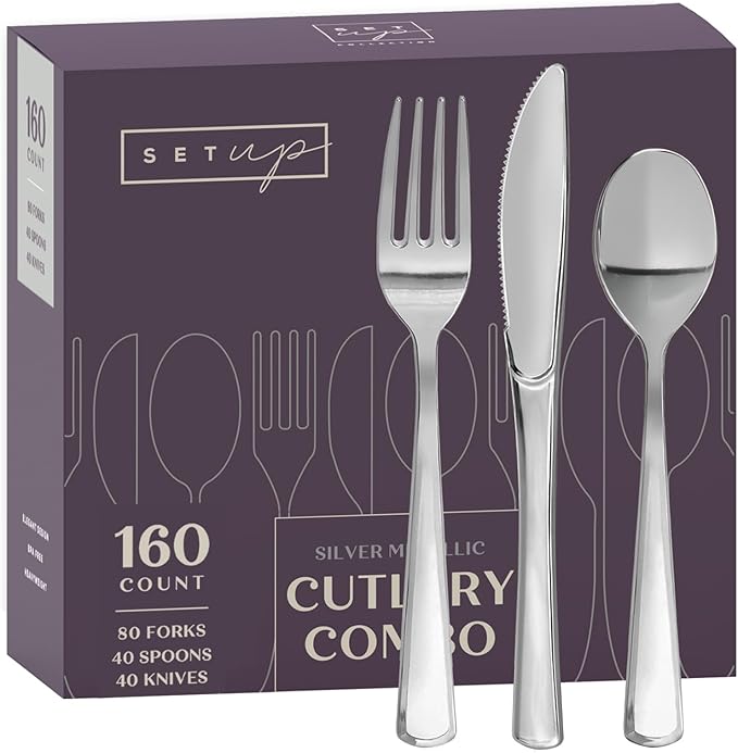 SETUP [160 Count] Disposable Silverware, Silver Combo Cutlery - 80 Forks, 40 Spoons, 40 Knives - Heavy Duty, and Durable Silver Plastic Silverware Set Great for Parties, Events and Everyday use