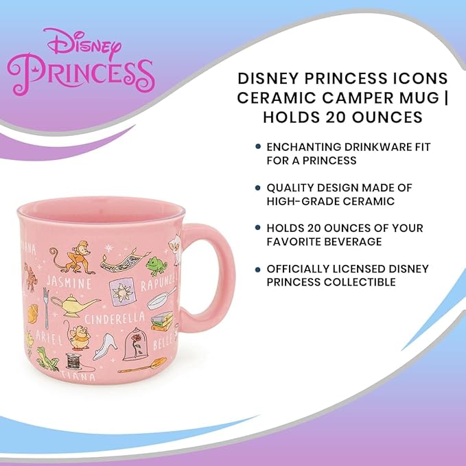 Disney Princess Icons Ceramic Camper Mug | BPA-Free Travel Coffee Cup For Espresso, Caffeine, Cocoa, Beverages | Home & Kitchen Essentials | Cute Gifts and Collectibles | Holds 20 Ounces | BPA-Free, For Espresso, Caffeine, Cocoa, Beverages
