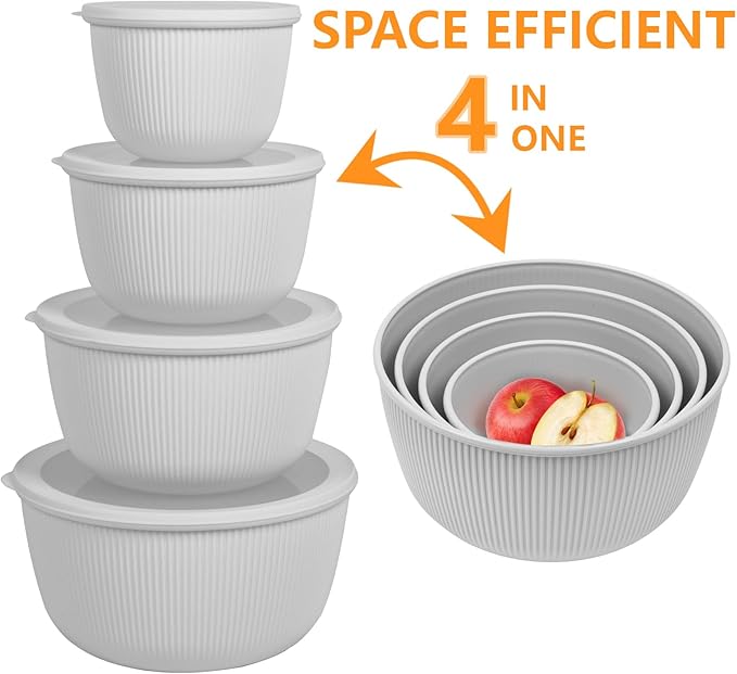 BoxedHome Nesting Plastic Mixing Bowls, BPA-Free Plastic, Microwave and Dishwasher Safe, Set of 4, 1.27/2.22/3.38/4.76quart, Grey