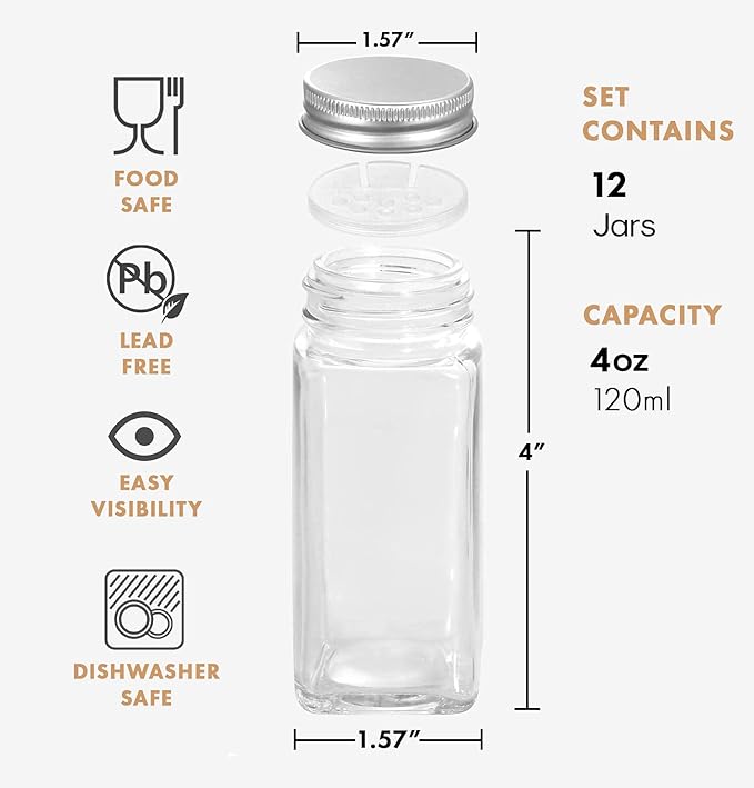 ROYALHOUSE 12 Pcs Glass Spice Jars/Bottles - 4oz Empty Square Spice Containers with Spice Labels and Airtight Metal Caps with Shaker Lids