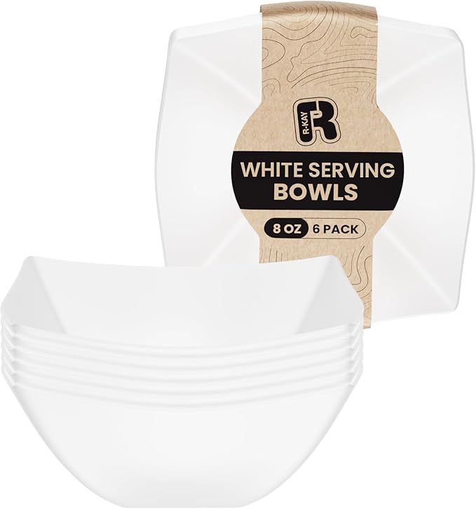 R-kay 6 Pack Square Plastic Serving Bowls - White Small Plastic bowls 8 oz, Premium White Bowls For Weddings Catering And Birthday parties