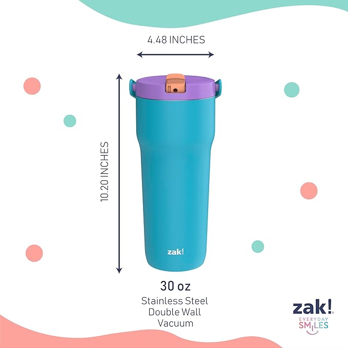 Zak Designs Sutton Travel Tumbler for On the Go, 30oz Stainless Steel with Vacuum Insulation, Straw Spout, Carry Handle for Cold Drinks (Turquoise)