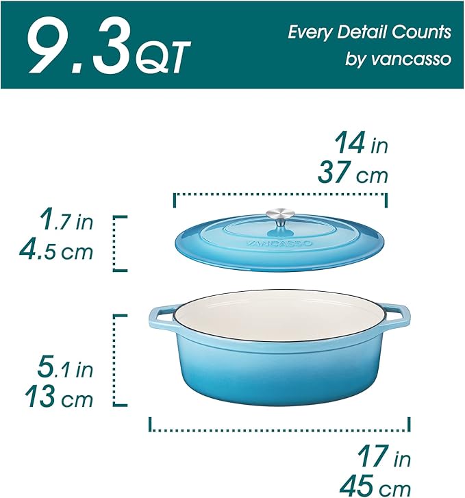 vancasso Enameled Cast Iron Dutch Oven, 9.3 Quart Dutch Oven Pot with Lid, Oval Dutch Oven Cast Iron Pot with Non Stick Coating for Bread Baking, Light Blue
