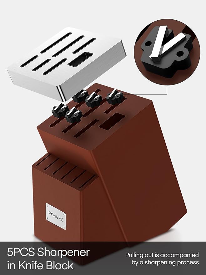Knife Set, FOHERE 14 Pieces Self Sharpening Knife Block Set, Waved Pattern High Carbon Stainless Steel Knife Set, Rust & Stain Resistant Kitchen Knives and Triple Riveted Handle, Reddish Brown