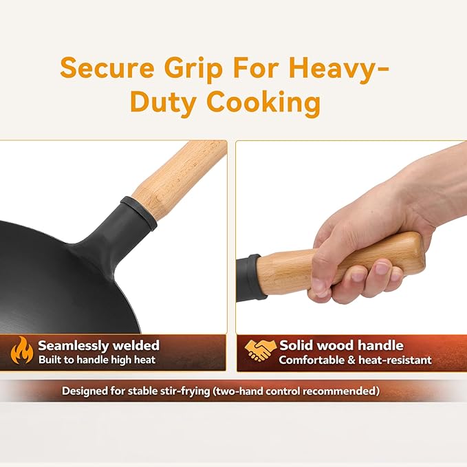 WANGYUANJI 14.2" Carbon Steel Wok Round Bottom (Gas Stove Only Requires Separate Wok Ring for Flat Grates) Heavy Duty Nitriding Iron Stir Fry Pan (Spatula & Brush Included - Lid & Ring NOT Included)