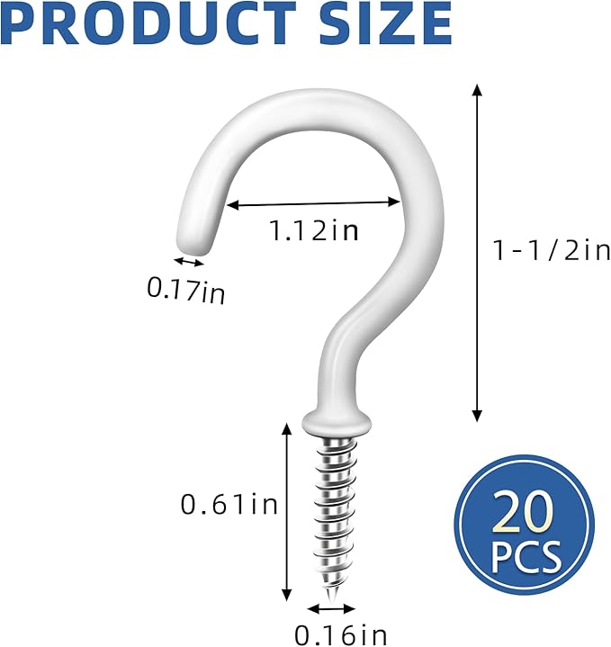 1-1/2" White Vinyl Coated Screw-in Hooks, Ceiling Hooks Wall Hooks Hanging Hooks Kitchen Hooks Indoor Outdoor for Cups Decors Plants Utensils Lights Baskets Wreaths, 20 PCS
