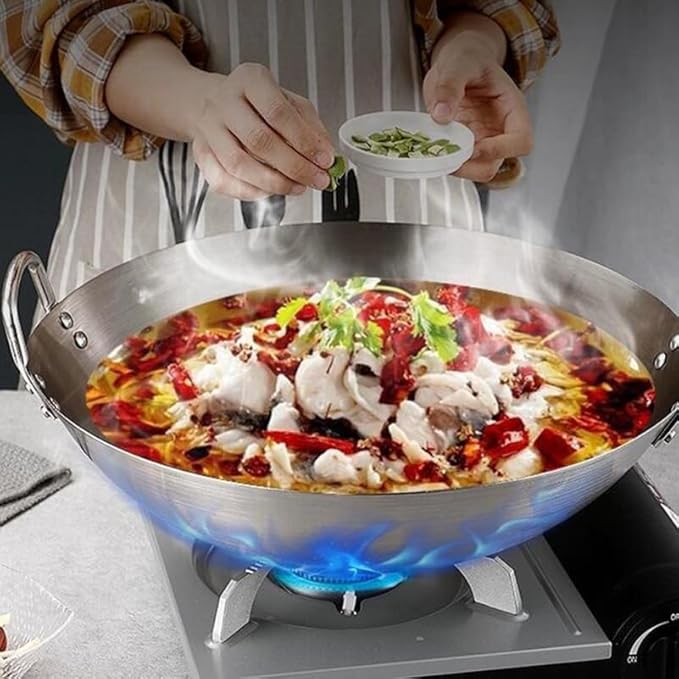 Tofficu Stainless Steel Wok 12 Inch Double Handle Round Bottom Frying Pan for Stir Fry Cooking Chinese Kitchen Use