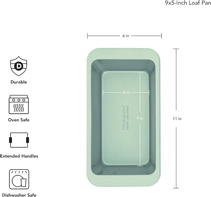 KitchenAid Nonstick Swiss Engineered Aluminized Steel Loaf Pan, Dishwasher Safe, 9 x 5 Inch, Ink Pistachio