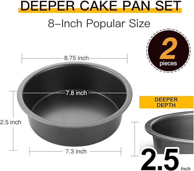 HONGBAKE 8 Inch Round Cake Pan Set for Baking with 60 Pieces Parchment Paper, Nonstick Deeper Circle Cake Pans Set of 2, Layer Cake Tin, Cheesecake Mold, Huty Duty - Grey