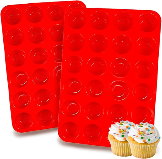 2 Pack Silicone Mini Muffin Pan, Non-Stick 24 Cups Cupcake Pan, BPA Free and Dishwasher Safe, Perfect for Making Muffin Cakes, Tart, Bread（Red）