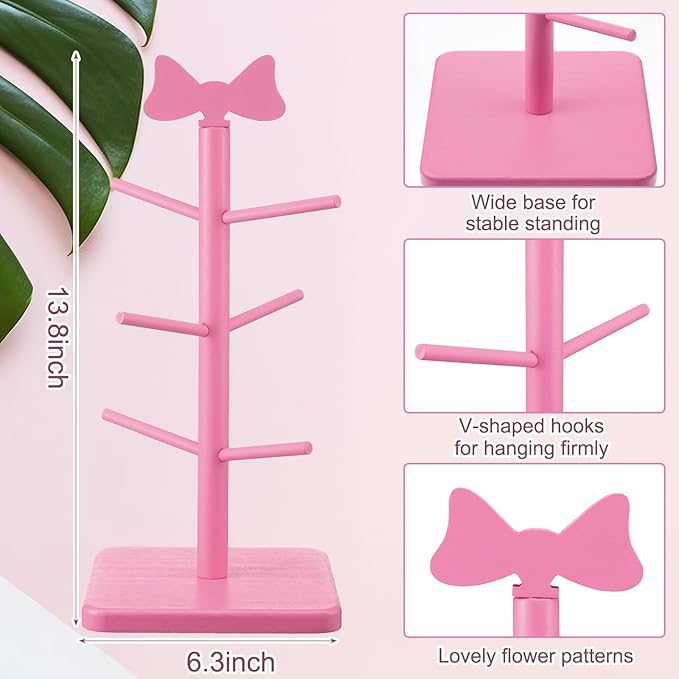 Pink Coffee Cup Holder Bow Mug Tree Pink Kitchen Coffee Bar Accessories Decorative Wooden Cup Holder with 6 Hooks Coquette Mug Rack Stand Cute Decor for Wedding Home Countertop Organizer