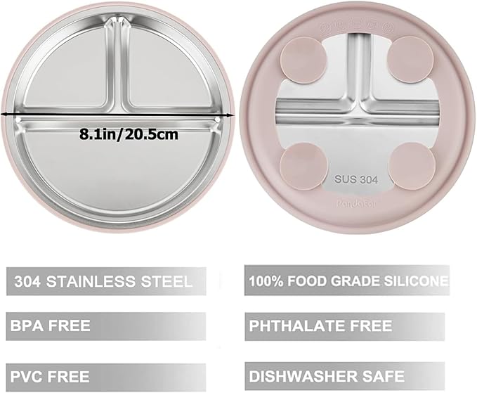 PandaEar 3 Pack Stainless Steel Baby Suction Plates, Divided Toddler Plate for Baby Led Weaning Supplies, Non-Slip Toddler Baby Feeding Set Dishwasher Safe (Pink/Linen/Light Pink, With Lids)
