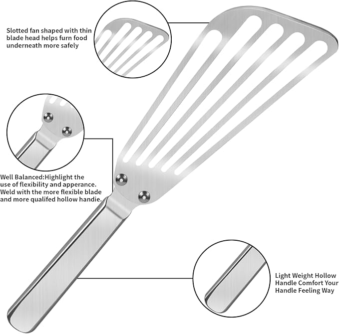 KSENDALO Stainless Steel Fish Spatula Set of 2- Metal Thin Slotted Turner for Kitchen Cooking, Flexible Egg Flipper with Blade with Riveted Handle for Cooking, Hollow Grip Design