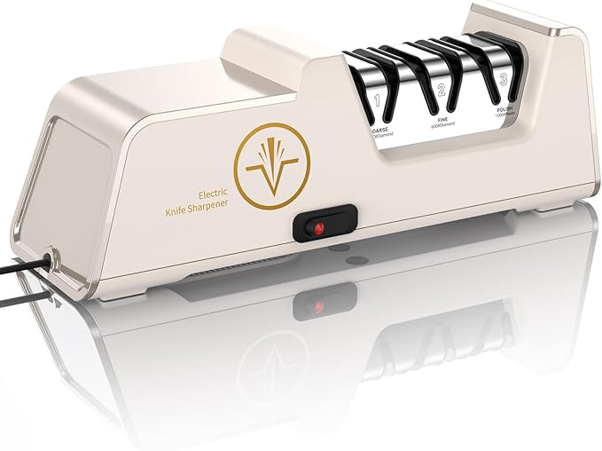 Professional Electric Knife Sharpener with 100% Diamond Abrasives, 3-Stage Precision Angle Guides, Champagne Gold, for Kitchen Straight Edge and Ceramic Knives