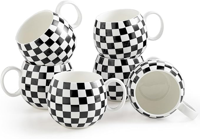 LAUCHUH Coffee Mug Set of 6, 18 oz Large Porcelain Coffee Mugs Checkered Coffee Cups with Handle Cappuccino Cups for Mother's Day, Tea, Cocoa, Milk, Latte, Mocha, Black and White