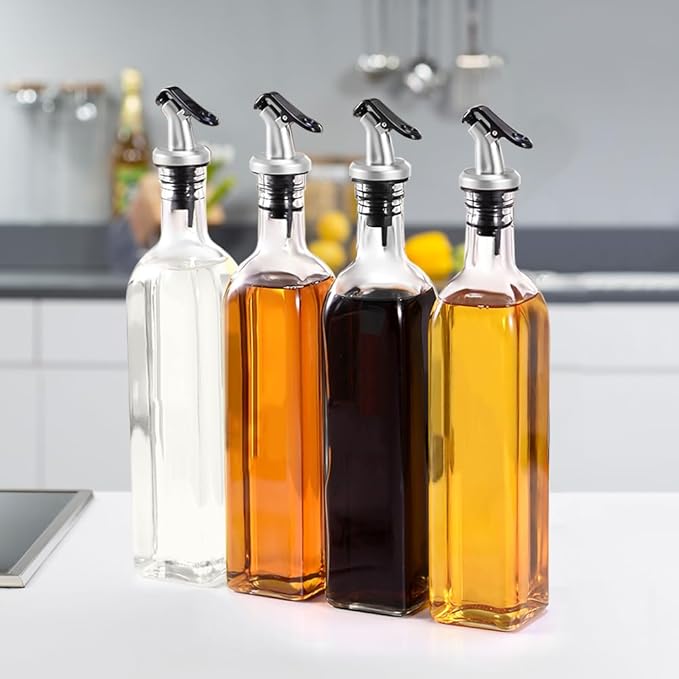 Olive Oil Dispenser Bottles, 2Pack 17oz/500 ml Square Glass Tall Oil Bottles with 4 Labels, 2 Pourers and 1 Funnel
