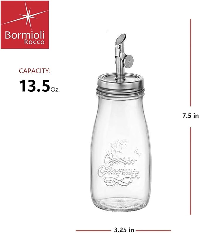 Bormioli Rocco Quattro Stagioni, 13.5 Oz Olive Oil Dispensers with Weighted Pourer, Durable Glass, Made in Italy