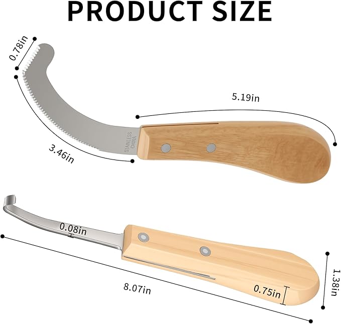 Double Edged Hoof Knife and Bot Egg Knife Set, Stainless Steel Blade with Ergonomic Wooden Handles Professional Equine Care Tools for Horses, Cattle, Goats, and Farm Livestock
