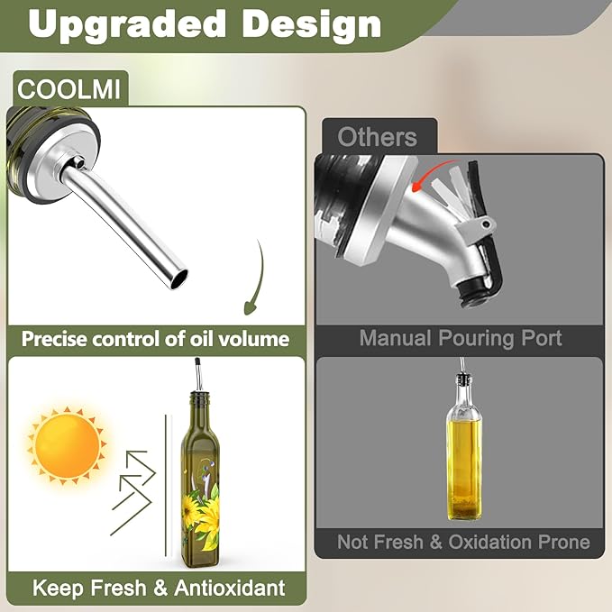 COOLMI Oil and Vinegar Dispenser Set - 17oz/500ML Premium Glass Olive Oil Dispenser Bottles for Kitchen, Oil Dispenser for Kitchen (Yellow Daisy)